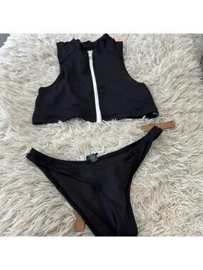 SKIMS SPORTY ZIPPER SWIM MOCK NECK TOP & CHEEKY TANGA ONYX IN SET